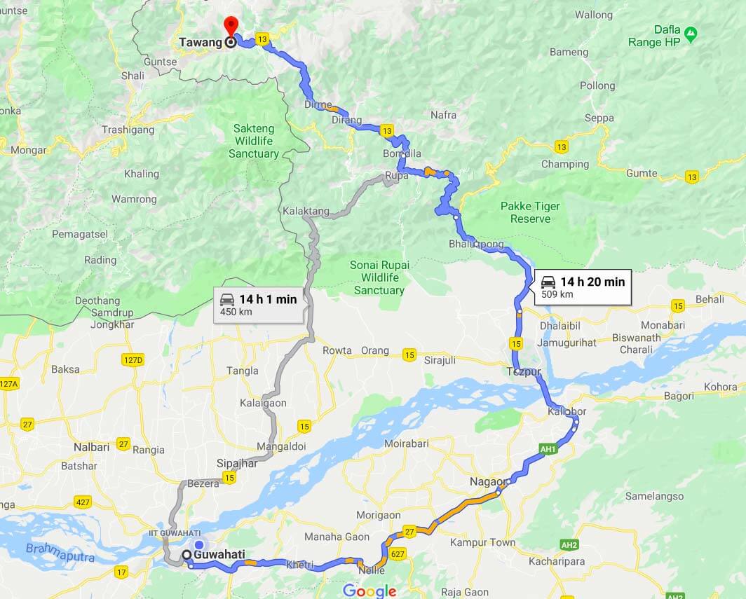 Guwahati to Tawang Road Trip map