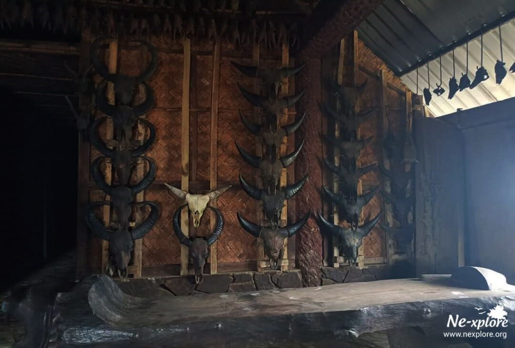 Buffalo horns decoration inside king's house of Longwa